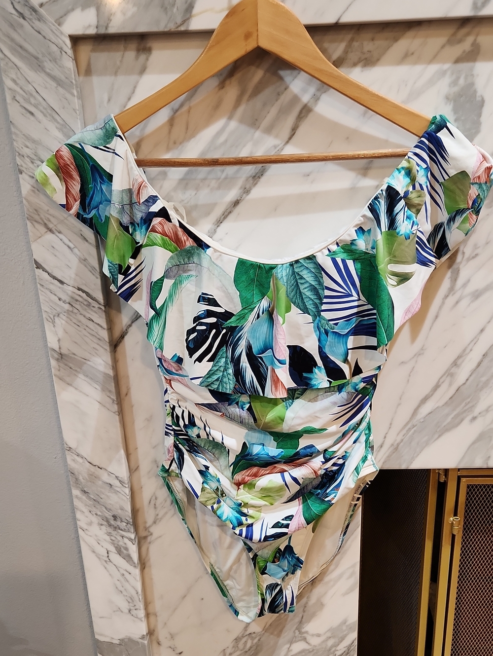 La Blanca Tropical Leaf Ruffle One-Piece Swimsuit - Green Blue Multi